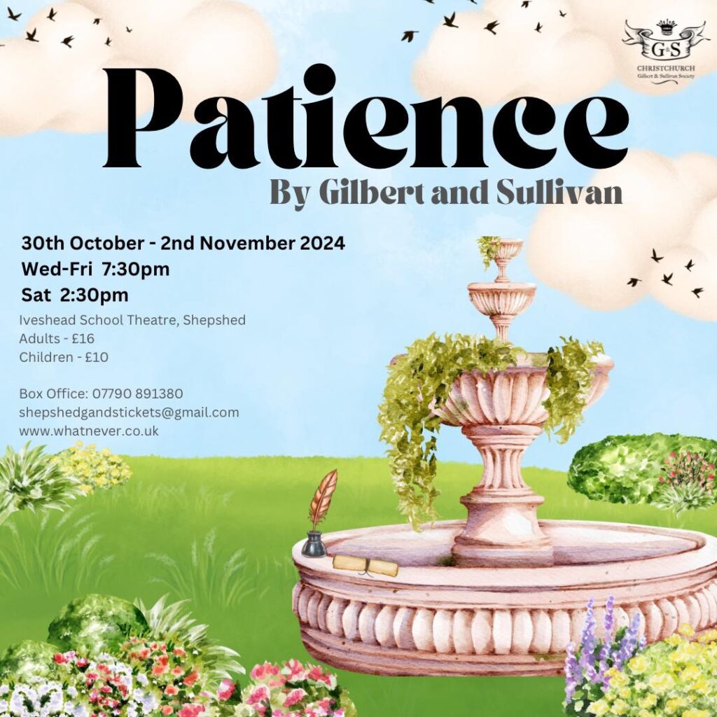 Illustratred poster of a stone fountain in a garden setting with blue sky, clouds and bird and the date and ticket details for the show Patience